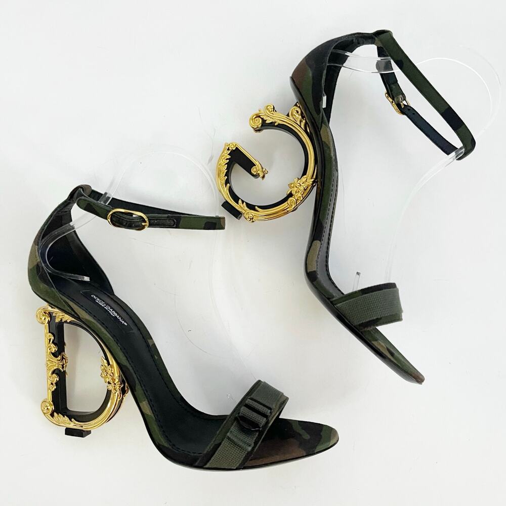 Dolce & Gabbana Keira Green Camouflage DG Logo Baroque Heel Sandals IT 39.5 - Picture 3 of 10